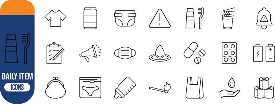 Everyday essential items and supplies. pills icon set, mask icon set, diaper icon set