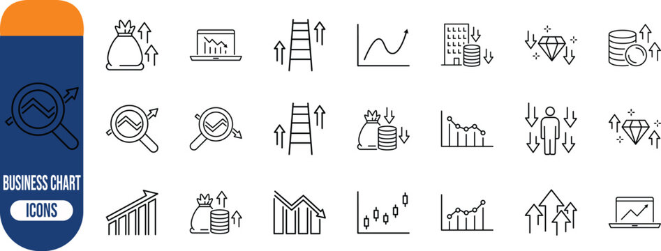 Financial business growth decline line icons. money bag icon set, ladder icon set, diamond icon set