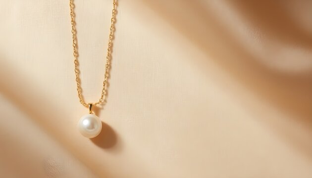 Luxury pearl necklace hanging elegantly on a soft champagne fabric wall. Features romantic sunbeams, morning light shadows, and premium bridal jewelry mockup