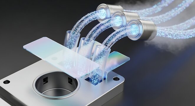 Advanced scientific research equipment with microfluidic channels delivering glowing blue liquid for precise analysis in a sterile laboratory setting
