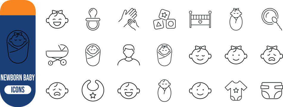 Newborn baby care essentials vector. newborn icon set, pacifier icon set, diaper icon set