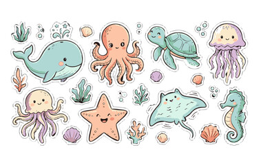 Cute Ocean Animals Sticker Clipart Set, Adorable Kawaii Whale Octopus Turtle Jellyfish and Sea Horse, Playful Marine Life Doodles with Starfish and Shells © Ghirza