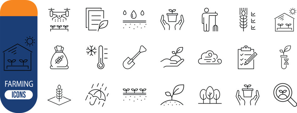Planting agriculture farming growth nature icons. plant icon set, drone icon set, shovel icon set