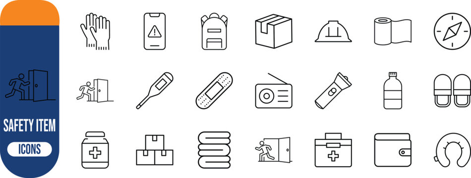 Safety medical emergency travel icons. thermometer icon set, bandage icon set, gloves icon set