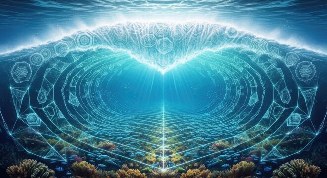 Abstract glowing ocean wave with geometric patterns and coral reef