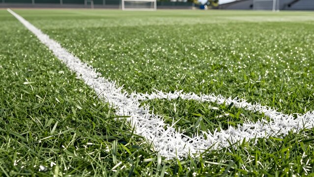 50. [STYLE] of close-up of soccer turf field white touchline showing precision with powdery chalk texture, wet green grass blades, sharp morning sunlight, high-contrast white and vibrant lime green, c