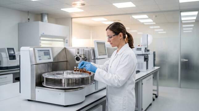 Forensic toxicologist loading blood serum samples into an automated mass spectrometry carousel in a clinical hospital environment laboratory 2