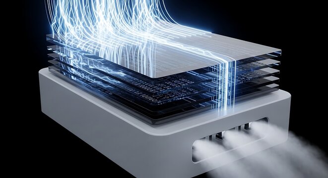 futuristic electronic device with glowing blue energy streams flowing into and out of it representing data transfer and processing