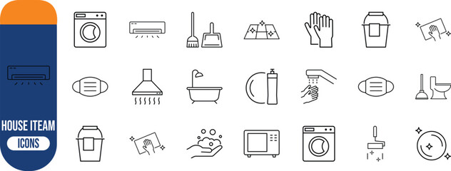 Household cleaning and sanitation icons. mask icon set, gloves icon set, broom icon set © Habib