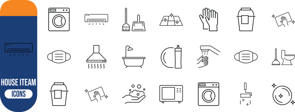 Household cleaning and sanitation icons. mask icon set, gloves icon set, broom icon set