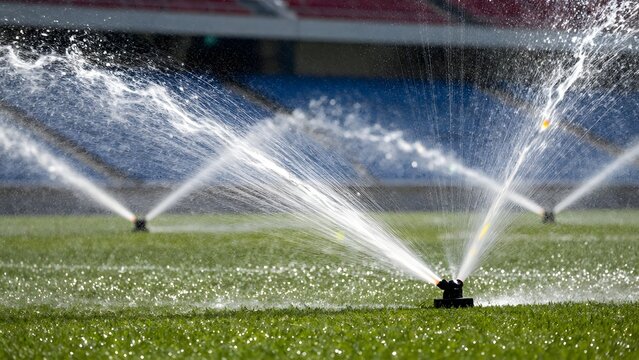 132. [STYLE] of football stadium pitch irrigation sprinklers working showing maintenance with spraying water arcs, crystal water mist, rainbow refraction lighting, glistening emerald turf and shimmeri