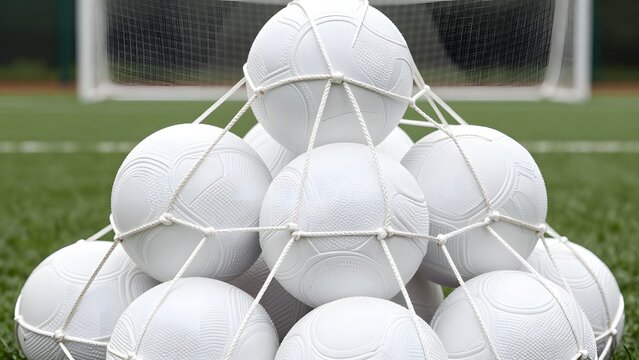 168. [STYLE] of close-up on professional football training ball stack in mesh bag showing preparation with textured synthetic ball panels, nylon rope net, soft diffuse outdoor light, clean white ball