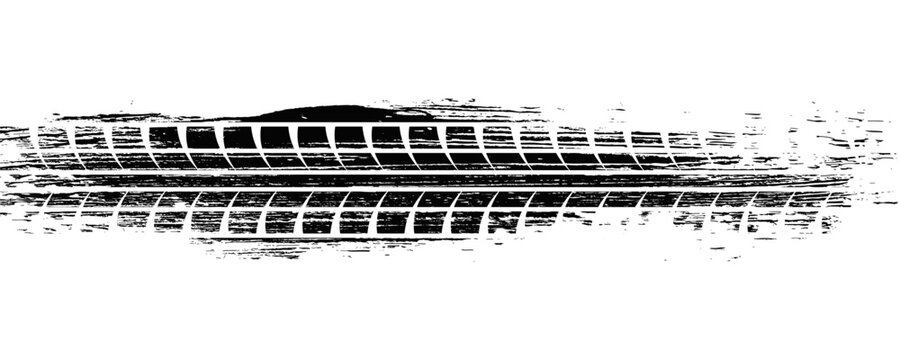 Grunge tire tracks, wheel braking marks. Truck, car or motorcycle tread pattern silhouettes. Auto race, motorsport, speed racing design element. Vector illustration