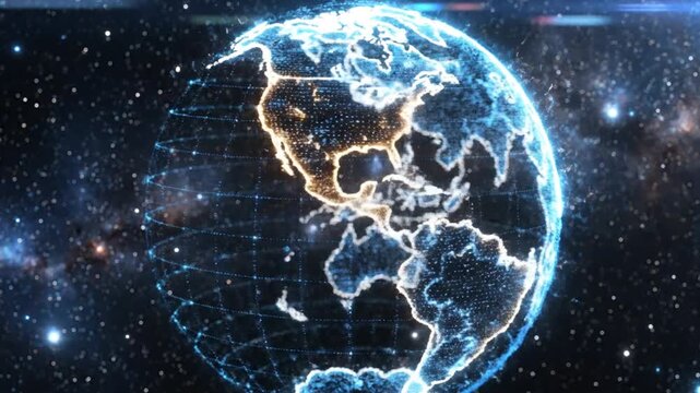 Digital glowing blue earth globe hologram in space.