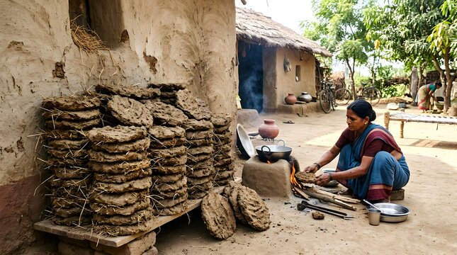 Dung cake in line with fields background at village atmospheric making process of dry in Sun shine making fuel for clay made stove buring fire traditional objects made by Indian women generated by AI