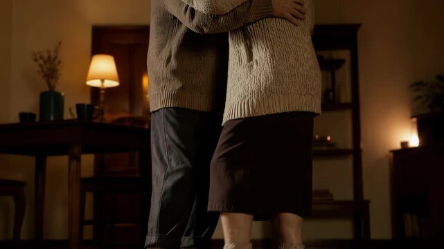 An elderly couple in cozy knit sweaters and wool socks dances slowly across a warm room.
