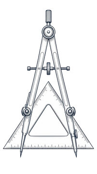 An Intricate Line Art Illustration Of An Open Architects Compass And Drafting Triangle, Featuring A Precision Instrument Set For Engineering And Architectural Design Projects In Portrait Layout.