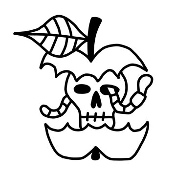 Edgy skull inside a rotten bitten apple with a creepy worm