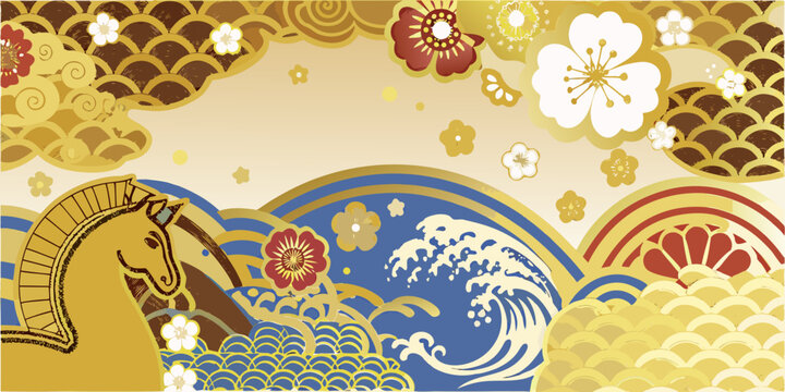 Horse and wave pattern with floral ornaments traditional japanese style