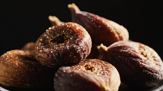 Close up view of sweet dried figs with sugar coating against a black background