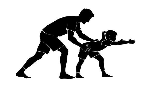 Black silhouette of man coaching or guiding a child, sports training vector illustration, athletic pair in motion, fitness teamwork
