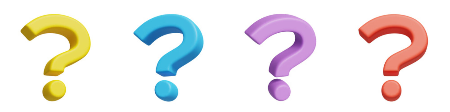 Set of yellow, blue, purple and red 3D question marks isolated on transparent background. FAQ, confusion, curiosity, help and asking questions concept in a bright modern cartoon style
