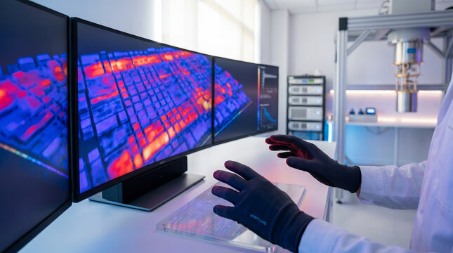 Quantum computing visualization  a rendered superconducting qubit grid in a false-color heat map display, blues and reds indicating coherenc 3