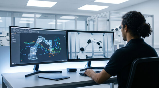 Robotics engineer reviewing motion path simulation on a split-screen workstation where one panel shows CAD skeleton and the other shows live 3