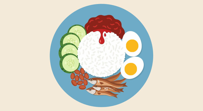 Nasi Lemak Illustration: Traditional Malaysian Food Dish with Rice, Sambal, Egg, Fish, and Cucumber