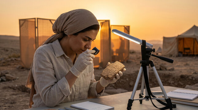 Archaeologist examining a cuneiform clay tablet fragment under portable LED field lighting at dusk, golden hour warmth silhouetting surround 3