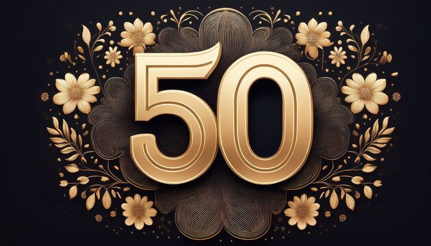 elegant fiftieth birthday celebration graphic with gold number fifty on black floral pattern