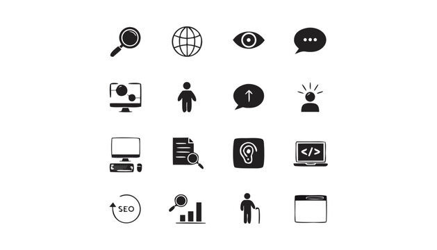 Collection of black flat icons for website design and SEO on white background