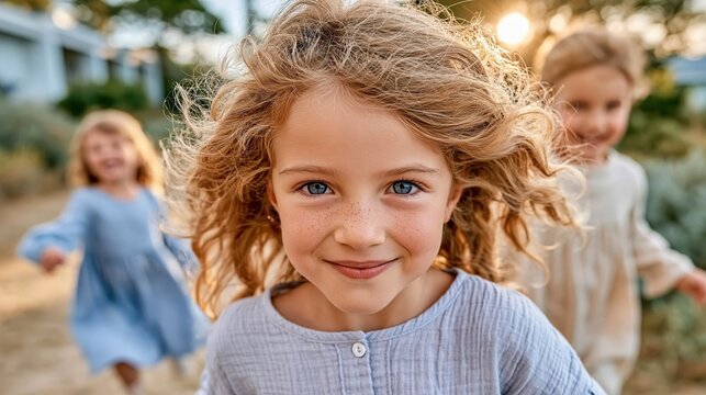 A joyful girl with curly hair running toward the camera, embodying the carefree spirit of childhood and capturing the essence of happiness in a charming outdoor setting.