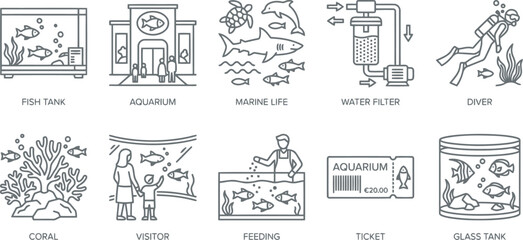 Obraz premium Outline Icon Set: Aquarium, Marine Life, Fish Tank, Water Filter, Diver, Coral
