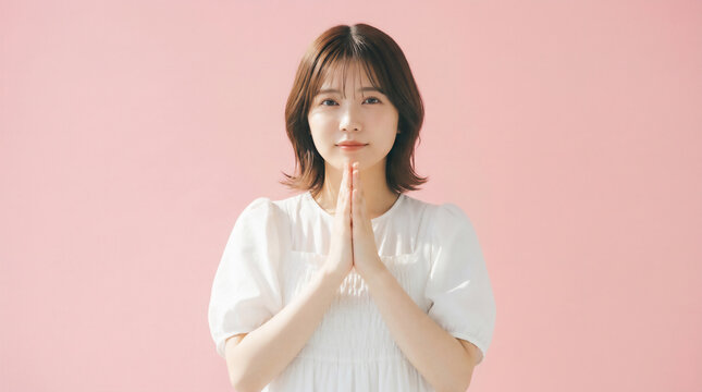 Beautiful Japanese woman putting her hands together in a prayer pose on a pink background