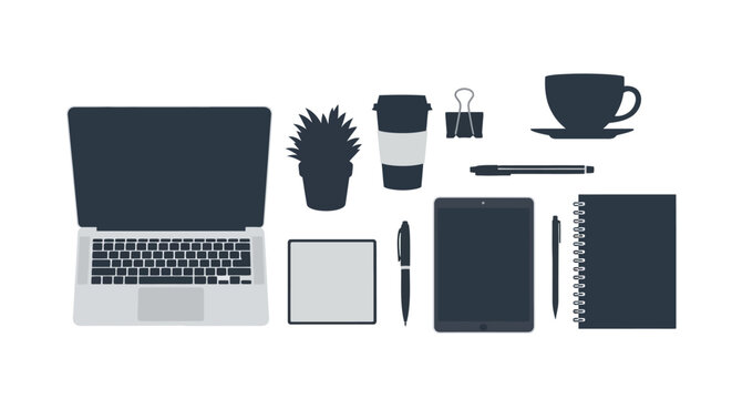 Top view of organized modern workspace desk elements.
