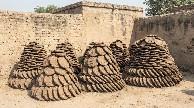 Dung cake in line with fields background at village atmospheric making process of dry in Sun shine making fuel for clay made stove buring fire traditional objects made by Indian women generated by AI