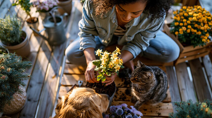 A European young woman viewed from above plants soft flowers with a calm dog and tabby cat on a bright sunny summer terrace terrace gardening faceless top view sunny terrace