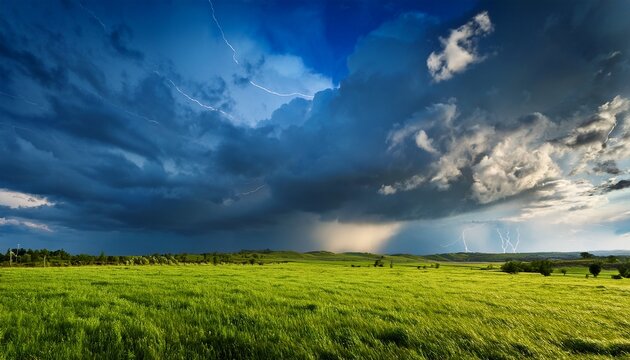 dramatic thunderstorm over serene green meadow under bright blue sky with rolling clouds and distant lightning strikes