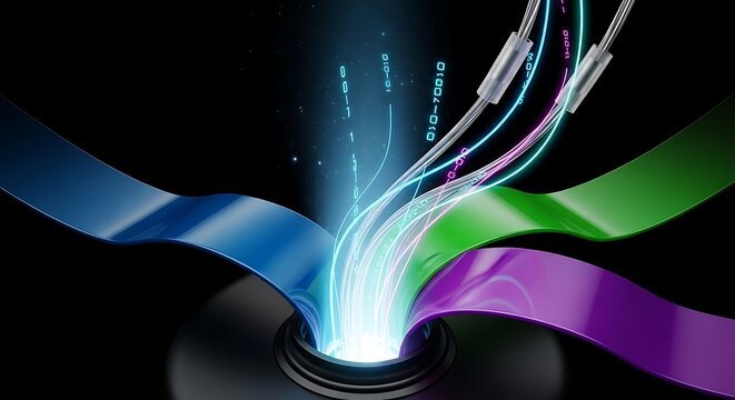 Abstract technology concept with flowing data streams and fiber optics emerging from a central point with binary code elements