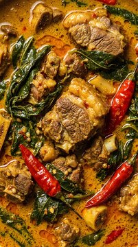 Traditional indonesian beef gulai curry with cassava leaves and red chili overhead full frame