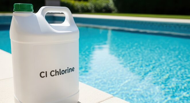 Chlorine, pool cleaning, CI disinfectant, green cap, white container, swimming pool