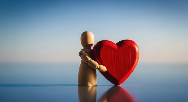 Wooden figure, holding red heart, love concept, romantic symbol