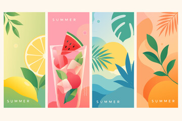 Refreshing summer drinks with tropical leaves and citrus fruit against abstract background © Mim Studio