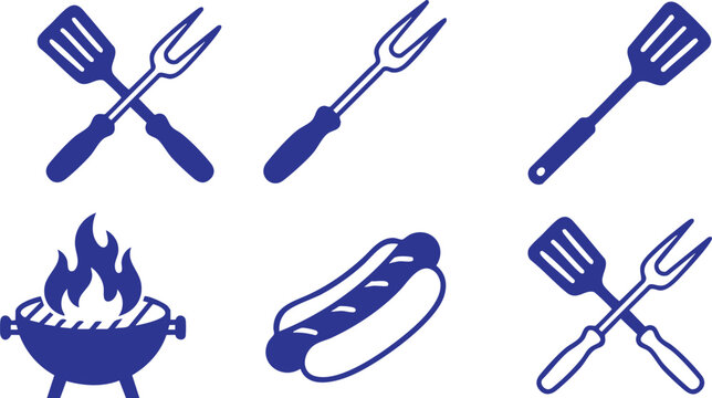 Assorted barbecue tools and grilled hot dog on a blue background, summer cookout concept, flat design icons.