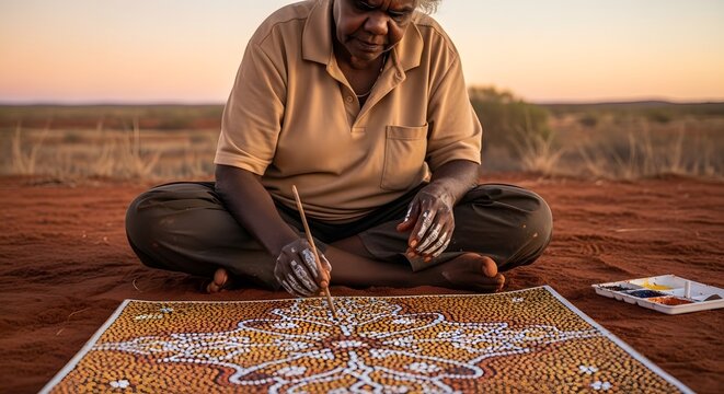 Indigenous Artist Creates Dot Painting in Desert Landscape at Sunset