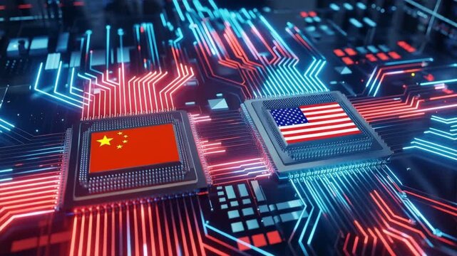 Digital representation of semiconductor chips symbolizing US and China tech rivalry on a circuit board.