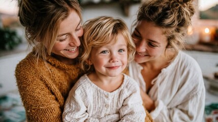 Fototapeta premium A heartwarming scene of a mother, child, and another parent sharing smiles in a cozy space, highlighting the love, warmth, and connection within the family unit.