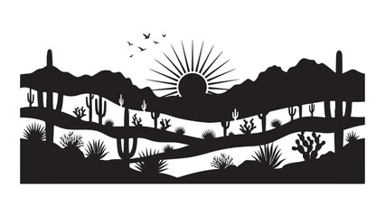 Naklejka premium Desert Landscape Silhouette with Cacti and Rising Sun