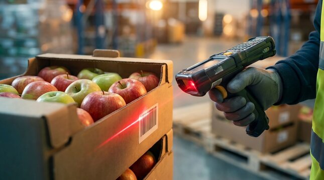Ultra-realistic close-up commercial photography of a logistics worker scanning a barcode label on a premium cardboard crate filled with fresh ripe pineapples inside a modern produce warehouse. Powerfu